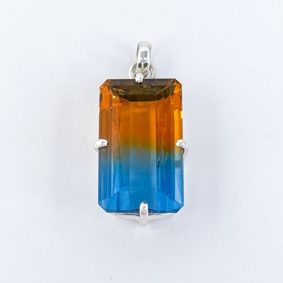 Vintage Sterling Silver 925 Orange Blue Ametrine Emerald Cut Pendant - Picture 2 of 7